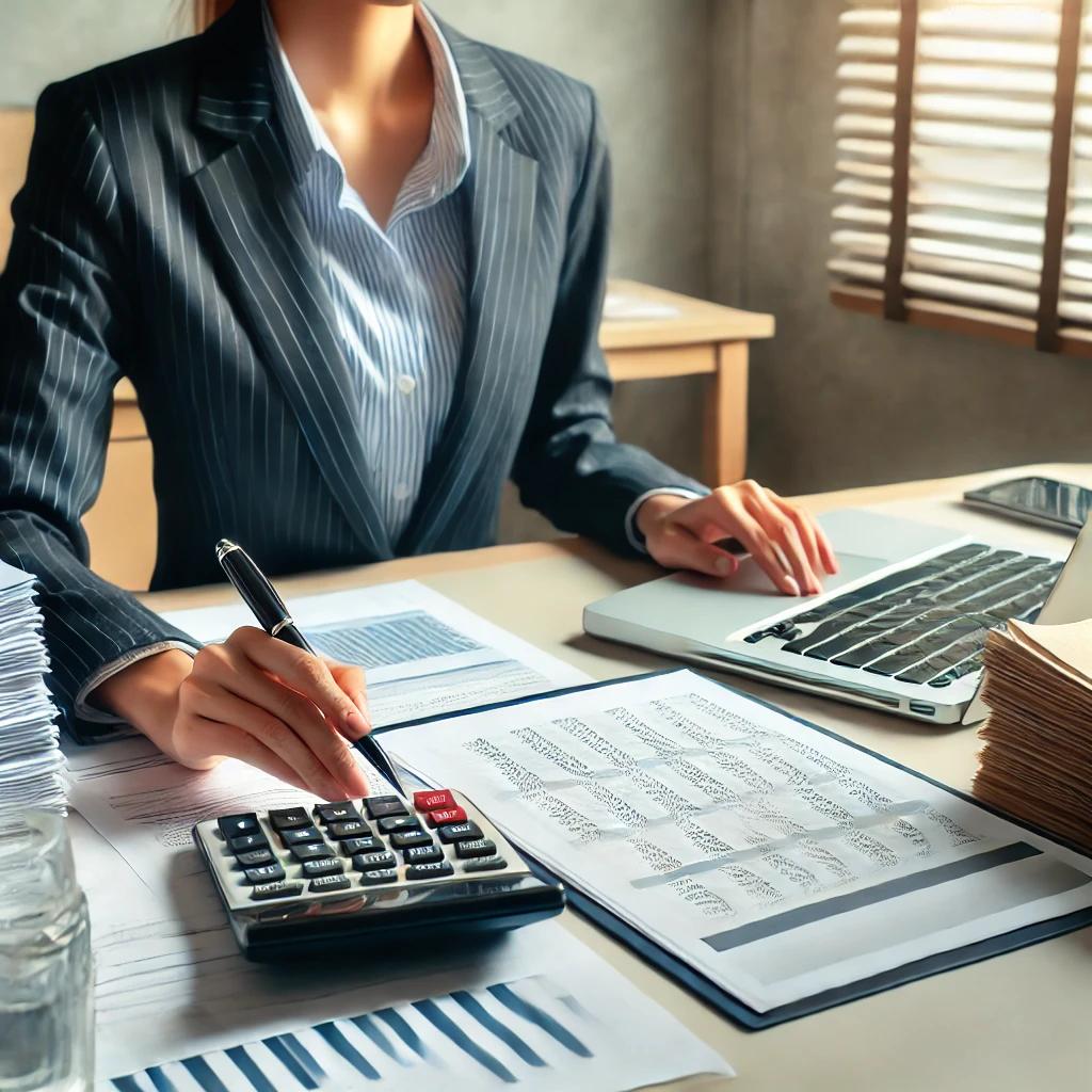 A professional accountant reviewing financial documents and calculations, highlighting the importance of regular bookkeeping.