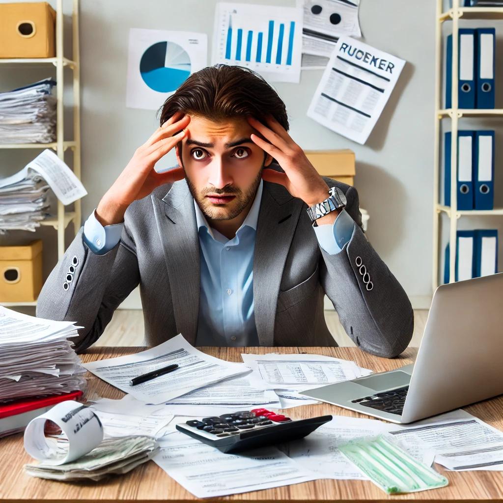 A frustrated startup entrepreneur struggling with financial documents, invoices, and cash flow management